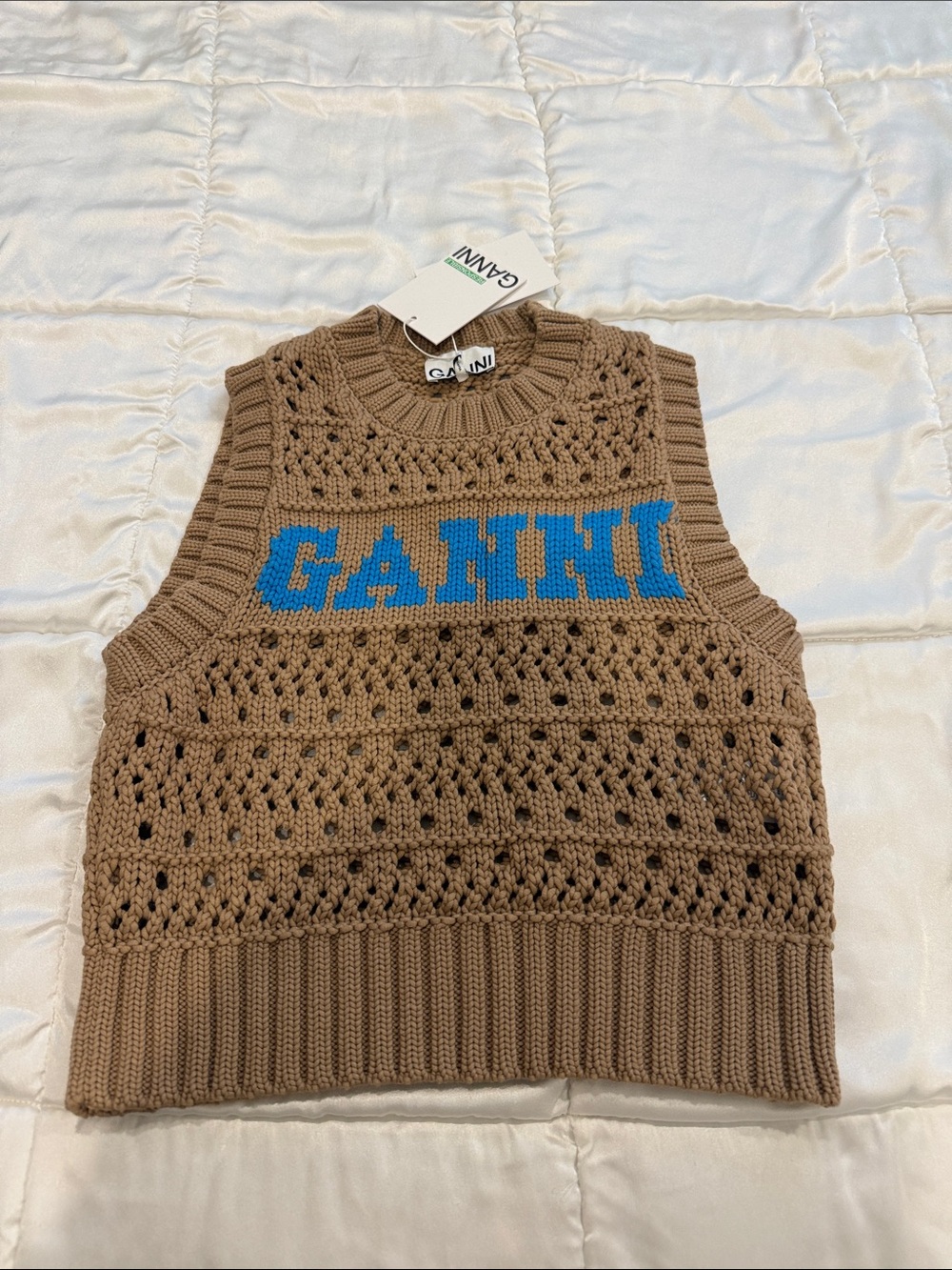 Ganni Beige Crochet Crewneck Sweater Vest with Blue Logo